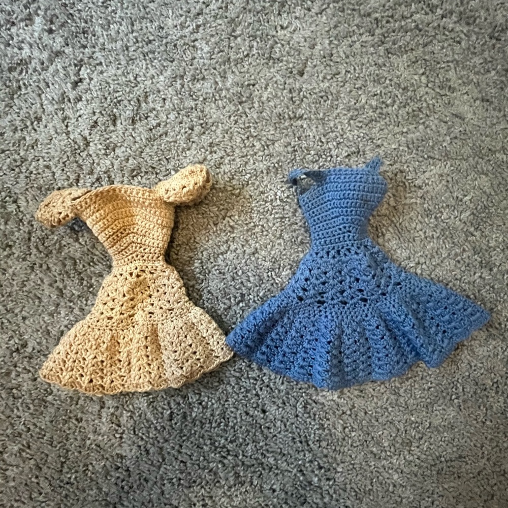 Handmade Crochet Barbie Dresses in Tan and Blue